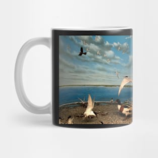 Natural environment diorama - birds flying on the shore of a pond Mug